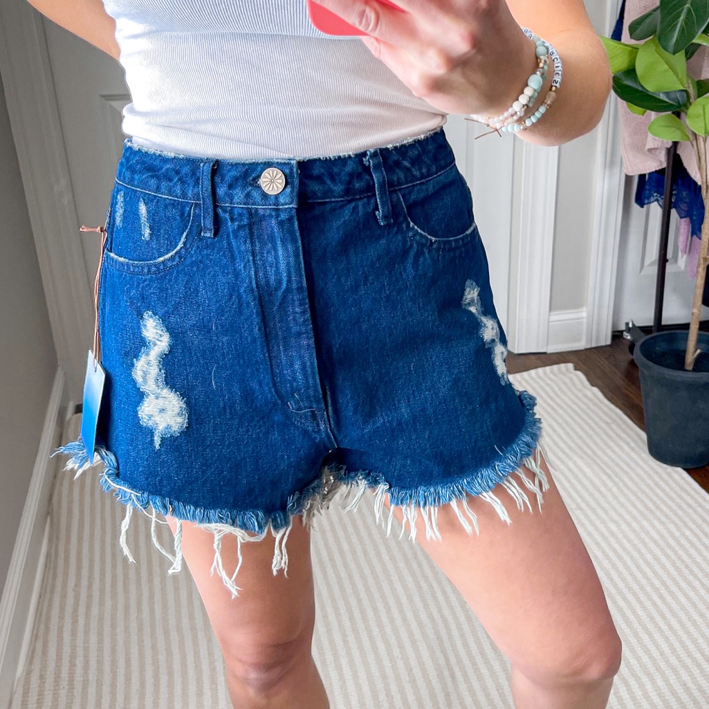 Show Me Your Mumu Dark Blue Distressed Denim Jean Shorts